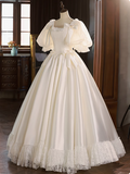 French Princess Puff Sleeve Satin Lace Tutu Wedding Dress HZ1022