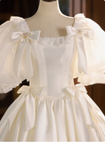 French Princess Puff Sleeve Satin Lace Tutu Wedding Dress HZ1022