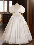 French Princess Puff Sleeve Satin Lace Tutu Wedding Dress HZ1022