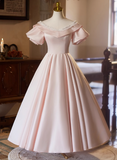 Princess Pink Satin Short Sleeve A-Line Wedding Dress HZ1022