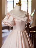 Princess Pink Satin Short Sleeve A-Line Wedding Dress HZ1022