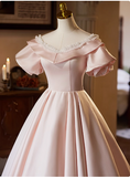 Princess Pink Satin Short Sleeve A-Line Wedding Dress HZ1022