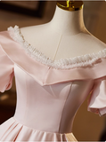Princess Pink Satin Short Sleeve A-Line Wedding Dress HZ1022