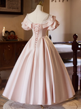 Princess Pink Satin Short Sleeve A-Line Wedding Dress HZ1022