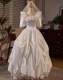 French retro princess on the run white satin square neck short sleeve floor length wedding dress HZ1022