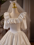 French retro princess on the run white satin square neck short sleeve floor length wedding dress HZ1022