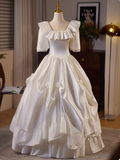 French retro princess on the run white satin square neck short sleeve floor length wedding dress HZ1022