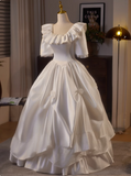 French retro princess on the run white satin square neck short sleeve floor length wedding dress HZ1022