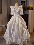 French retro princess on the run white satin square neck short sleeve floor length wedding dress HZ1022