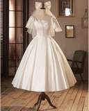 French White Satin Short Sleeve Tea Length A-Line Wedding Dress HZ1022