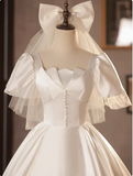 French White Satin Short Sleeve Tea Length A-Line Wedding Dress HZ1022