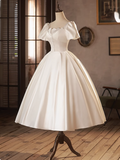 French White Satin Short Sleeve Tea Length A-Line Wedding Dress HZ1022