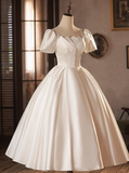 French White Satin Short Sleeve Tea Length A-Line Wedding Dress HZ1022