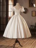 French White Satin Short Sleeve Tea Length A-Line Wedding Dress HZ1022