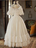 Elegant French White Satin Puff Sleeve Lace Floor Length Wedding Dress HZ1022
