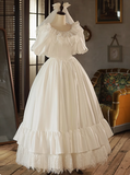 Elegant French White Satin Puff Sleeve Lace Floor Length Wedding Dress HZ1022