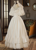 Elegant French White Satin Puff Sleeve Lace Floor Length Wedding Dress HZ1022
