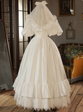 Elegant French White Satin Puff Sleeve Lace Floor Length Wedding Dress HZ1022