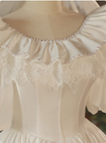 Elegant French White Satin Puff Sleeve Lace Floor Length Wedding Dress HZ1022