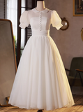 Sweet White Short Sleeve Puffy Tulle A-Line Wedding Dress HZ1022