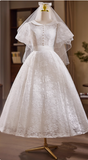 Vintage White Short Sleeve Lace Tea Length A-Line Wedding Dress HZ1022