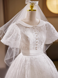 Vintage White Short Sleeve Lace Tea Length A-Line Wedding Dress HZ1022