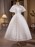 Vintage White Short Sleeve Lace Tea Length A-Line Wedding Dress HZ1022