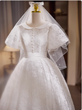 Vintage White Short Sleeve Lace Tea Length A-Line Wedding Dress HZ1022