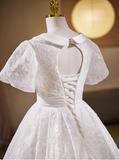 Vintage White Short Sleeve Lace Tea Length A-Line Wedding Dress HZ1022
