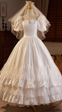 Retro Princess Bow Puff Sleeve Satin Lace Floor Length A-Line Wedding Dress HZ1022