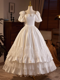 Retro Princess Bow Puff Sleeve Satin Lace Floor Length A-Line Wedding Dress HZ1022