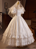 Retro Princess Bow Puff Sleeve Satin Lace Floor Length A-Line Wedding Dress HZ1022