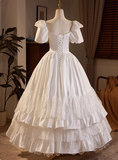 Retro Princess Bow Puff Sleeve Satin Lace Floor Length A-Line Wedding Dress HZ1022