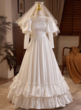 French Retro Long Sleeve Turtleneck Satin Floor Length A-Line Wedding Dress HZ1022