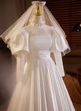 French Retro Long Sleeve Turtleneck Satin Floor Length A-Line Wedding Dress HZ1022