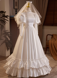 French Retro Long Sleeve Turtleneck Satin Floor Length A-Line Wedding Dress HZ1022