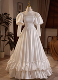 French Retro Long Sleeve Turtleneck Satin Floor Length A-Line Wedding Dress HZ1022