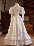 French Retro Long Sleeve Turtleneck Satin Floor Length A-Line Wedding Dress HZ1022