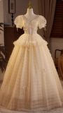 Elegant and flowing champagne V-neck short-sleeved tulle A-line wedding dress HZ1022