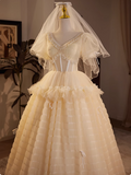 Elegant and flowing champagne V-neck short-sleeved tulle A-line wedding dress HZ1022
