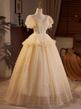 Elegant and flowing champagne V-neck short-sleeved tulle A-line wedding dress HZ1022