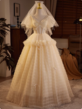 Elegant and flowing champagne V-neck short-sleeved tulle A-line wedding dress HZ1022