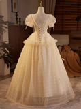 Elegant and flowing champagne V-neck short-sleeved tulle A-line wedding dress HZ1022