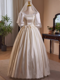 French Retro Lace Puffy Satin Short Sleeve Bowknot A-Line Wedding Dress HZ1022