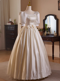 French Retro Lace Puffy Satin Short Sleeve Bowknot A-Line Wedding Dress HZ1022