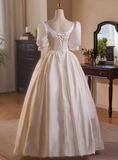 French Retro Lace Puffy Satin Short Sleeve Bowknot A-Line Wedding Dress HZ1022