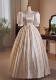 French Retro Lace Puffy Satin Short Sleeve Bowknot A-Line Wedding Dress HZ1022