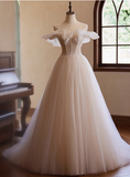 Elegant and flowing white strapless tulle beaded A-line wedding dress HZ1022