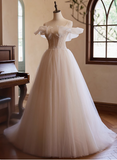 Elegant and flowing white strapless tulle beaded A-line wedding dress HZ1022