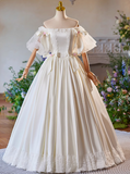 Simple White Bow Off-shoulder Satin Floor-length Wedding Dress HZ1022